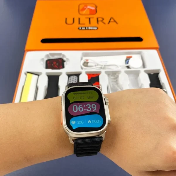 7 in 1 Ultra Smart Watch with 7 Straps Metal Ocean Rubber Nylon Wireless Charger Bt Call - Image 2